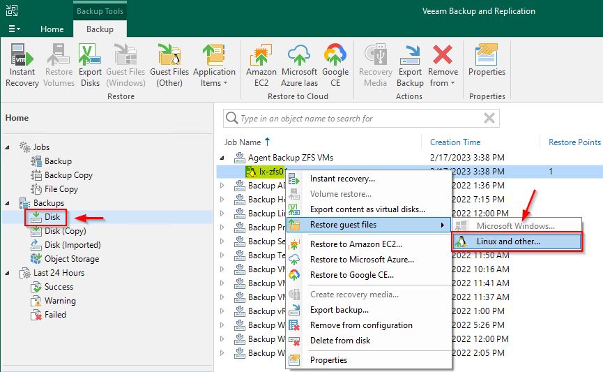 Access the Backups section and select Disk. Right click the ZFS VM and select Restore guest files > Linux and other