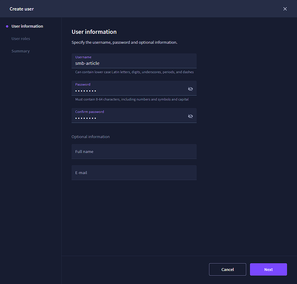 Create the name and password for the new user