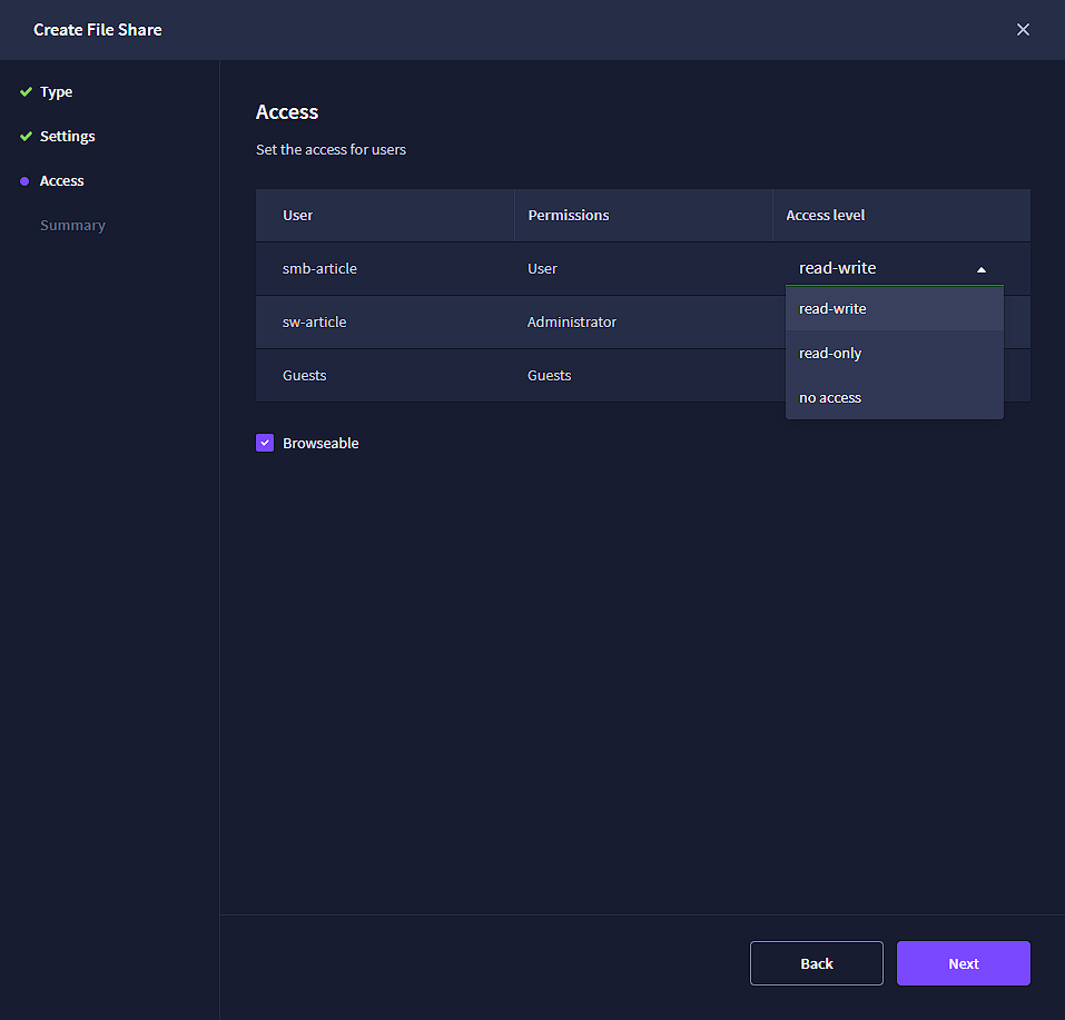 Select the access level for each user
