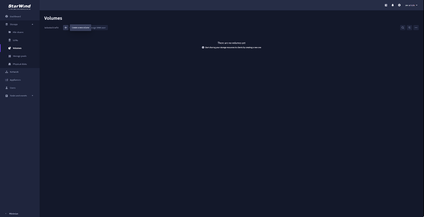 Navigate to the “Volumes” tab and press the “plus” button to open the “Create volume” wizard